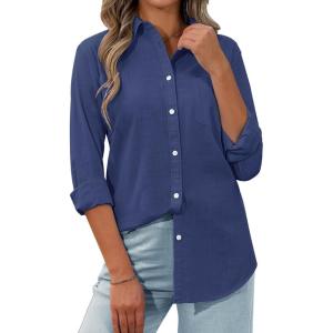 imagesiliteelon Womens Button Down Shirt Linen Button Up Shirts for Women Long Sleeve Summer Shirt Collared Blouse Linen TopsNavy Blue