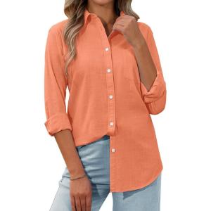 imagesiliteelon Womens Button Down Shirt Linen Button Up Shirts for Women Long Sleeve Summer Shirt Collared Blouse Linen TopsOrange