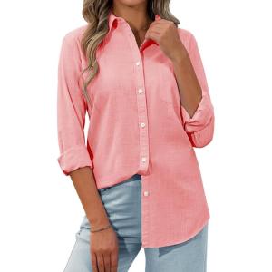 imagesiliteelon Womens Button Down Shirt Linen Button Up Shirts for Women Long Sleeve Summer Shirt Collared Blouse Linen TopsPeach