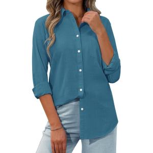 imagesiliteelon Womens Button Down Shirt Linen Button Up Shirts for Women Long Sleeve Summer Shirt Collared Blouse Linen TopsPeacock Blue