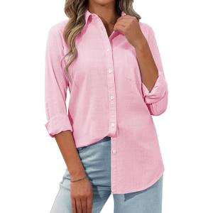 imagesiliteelon Womens Button Down Shirt Linen Button Up Shirts for Women Long Sleeve Summer Shirt Collared Blouse Linen TopsPink