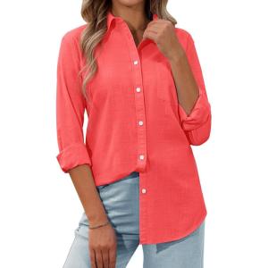 imagesiliteelon Womens Button Down Shirt Linen Button Up Shirts for Women Long Sleeve Summer Shirt Collared Blouse Linen TopsTomato