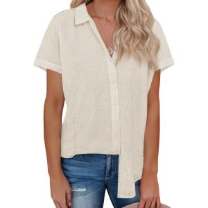 imagesiliteelon Womens Linen Button Down Shirts Lace Crochet Short Sleeve Cotton Shirts Collared V Neck Summer Casual Blouses TopsBeige