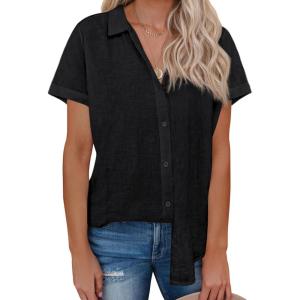 imagesiliteelon Womens Linen Button Down Shirts Lace Crochet Short Sleeve Cotton Shirts Collared V Neck Summer Casual Blouses TopsBlack