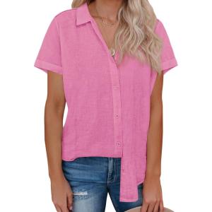 imagesiliteelon Womens Linen Button Down Shirts Lace Crochet Short Sleeve Cotton Shirts Collared V Neck Summer Casual Blouses TopsCherry Blossom Pink