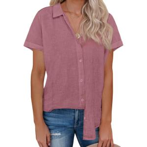 imagesiliteelon Womens Linen Button Down Shirts Lace Crochet Short Sleeve Cotton Shirts Collared V Neck Summer Casual Blouses TopsDark Pink