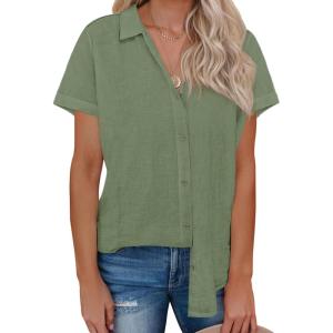 imagesiliteelon Womens Linen Button Down Shirts Lace Crochet Short Sleeve Cotton Shirts Collared V Neck Summer Casual Blouses TopsGreen