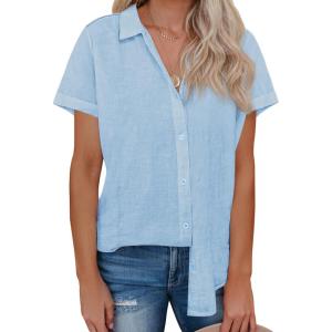 imagesiliteelon Womens Linen Button Down Shirts Lace Crochet Short Sleeve Cotton Shirts Collared V Neck Summer Casual Blouses TopsLight Blue