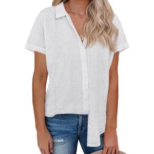 imagesiliteelon Womens Linen Button Down Shirts Lace Crochet Short Sleeve Cotton Shirts Collared V Neck Summer Casual Blouses TopsWhite
