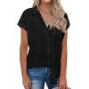 imagesiliteelon Linen Shirts for Women Button Down Shirts Short Sleeve Cotton Collared V Neck Solid Casual Blouses with PocketBlack