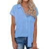 imagesiliteelon Linen Shirts for Women Button Down Shirts Short Sleeve Cotton Collared V Neck Solid Casual Blouses with PocketBlue