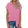 imagesiliteelon Linen Shirts for Women Button Down Shirts Short Sleeve Cotton Collared V Neck Solid Casual Blouses with PocketBlush Pink