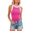 imagesiliteelon Womens Colorblock Racerback Crew Neck Casual Basic Ribbed Fitted Tank Top Sleeveless CamisQ Hot Pink White