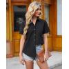 imagesiliteelon Linen Shirts for Women Button Down Shirts Short Sleeve Cotton Collared V Neck Solid Casual Blouses with PocketBlack
