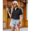 imagesiliteelon Linen Shirts for Women Button Down Shirts Short Sleeve Cotton Collared V Neck Solid Casual Blouses with PocketBlack