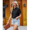 imagesiliteelon Linen Shirts for Women Button Down Shirts Short Sleeve Cotton Collared V Neck Solid Casual Blouses with PocketBlack
