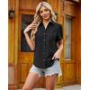 imagesiliteelon Linen Shirts for Women Button Down Shirts Short Sleeve Cotton Collared V Neck Solid Casual Blouses with PocketBlack
