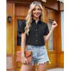 imagesiliteelon Linen Shirts for Women Button Down Shirts Short Sleeve Cotton Collared V Neck Solid Casual Blouses with PocketBlack