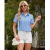 imagesiliteelon Linen Shirts for Women Button Down Shirts Short Sleeve Cotton Collared V Neck Solid Casual Blouses with PocketBlue