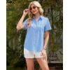 imagesiliteelon Linen Shirts for Women Button Down Shirts Short Sleeve Cotton Collared V Neck Solid Casual Blouses with PocketBlue