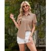 imagesiliteelon Linen Shirts for Women Button Down Shirts Short Sleeve Cotton Collared V Neck Solid Casual Blouses with PocketKhaki