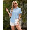 imagesiliteelon Linen Shirts for Women Button Down Shirts Short Sleeve Cotton Collared V Neck Solid Casual Blouses with PocketLight Blue