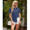 imagesiliteelon Linen Shirts for Women Button Down Shirts Short Sleeve Cotton Collared V Neck Solid Casual Blouses with PocketNavy Blue