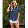 imagesiliteelon Linen Shirts for Women Button Down Shirts Short Sleeve Cotton Collared V Neck Solid Casual Blouses with PocketNavy Blue