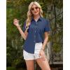 imagesiliteelon Linen Shirts for Women Button Down Shirts Short Sleeve Cotton Collared V Neck Solid Casual Blouses with PocketNavy Blue