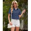 imagesiliteelon Linen Shirts for Women Button Down Shirts Short Sleeve Cotton Collared V Neck Solid Casual Blouses with PocketNavy Blue