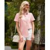 imagesiliteelon Linen Shirts for Women Button Down Shirts Short Sleeve Cotton Collared V Neck Solid Casual Blouses with PocketPink