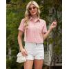 imagesiliteelon Linen Shirts for Women Button Down Shirts Short Sleeve Cotton Collared V Neck Solid Casual Blouses with PocketPink