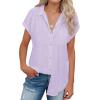 imagesiliteelon Linen Shirts for Women Button Down Shirts Short Sleeve Cotton Collared V Neck Solid Casual Blouses with PocketPurple