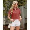 imagesiliteelon Linen Shirts for Women Button Down Shirts Short Sleeve Cotton Collared V Neck Solid Casual Blouses with PocketRed