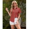 imagesiliteelon Linen Shirts for Women Button Down Shirts Short Sleeve Cotton Collared V Neck Solid Casual Blouses with PocketRed