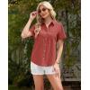 imagesiliteelon Linen Shirts for Women Button Down Shirts Short Sleeve Cotton Collared V Neck Solid Casual Blouses with PocketRed