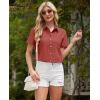 imagesiliteelon Linen Shirts for Women Button Down Shirts Short Sleeve Cotton Collared V Neck Solid Casual Blouses with PocketRed