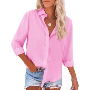 imagesiliteelon Button Down Shirts for Women Dress Shirts Long Sleeve WrinkleFree Blouse Casual Solid Office Work Tunic TopB Neon Pink