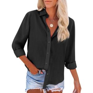 imagesiliteelon Button Down Shirts for Women Dress Shirts Long Sleeve WrinkleFree Blouse Casual Solid Office Work Tunic TopBlack
