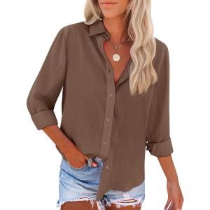 imagesiliteelon Button Down Shirts for Women Dress Shirts Long Sleeve WrinkleFree Blouse Casual Solid Office Work Tunic TopBrown