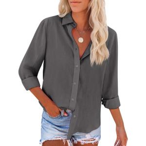 imagesiliteelon Button Down Shirts for Women Dress Shirts Long Sleeve WrinkleFree Blouse Casual Solid Office Work Tunic TopDark Gray