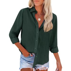 imagesiliteelon Button Down Shirts for Women Dress Shirts Long Sleeve WrinkleFree Blouse Casual Solid Office Work Tunic TopDark Green