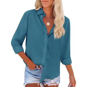imagesiliteelon Button Down Shirts for Women Dress Shirts Long Sleeve WrinkleFree Blouse Casual Solid Office Work Tunic TopHblue02