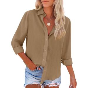 imagesiliteelon Button Down Shirts for Women Dress Shirts Long Sleeve WrinkleFree Blouse Casual Solid Office Work Tunic TopKhaki