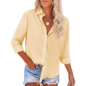 imagesiliteelon Button Down Shirts for Women Dress Shirts Long Sleeve WrinkleFree Blouse Casual Solid Office Work Tunic TopLight Yellow
