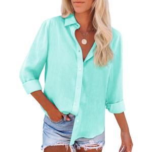 imagesiliteelon Button Down Shirts for Women Dress Shirts Long Sleeve WrinkleFree Blouse Casual Solid Office Work Tunic TopMint