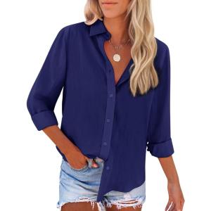 imagesiliteelon Button Down Shirts for Women Dress Shirts Long Sleeve WrinkleFree Blouse Casual Solid Office Work Tunic TopNavy Blue