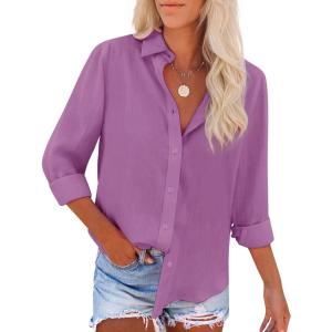 imagesiliteelon Button Down Shirts for Women Dress Shirts Long Sleeve WrinkleFree Blouse Casual Solid Office Work Tunic TopPurple