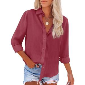 imagesiliteelon Button Down Shirts for Women Dress Shirts Long Sleeve WrinkleFree Blouse Casual Solid Office Work Tunic TopRed