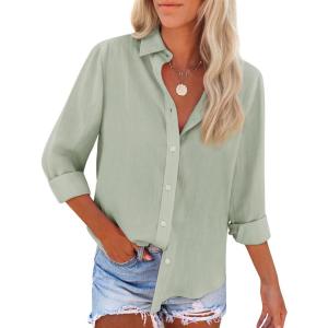 imagesiliteelon Button Down Shirts for Women Dress Shirts Long Sleeve WrinkleFree Blouse Casual Solid Office Work Tunic TopTgreen02